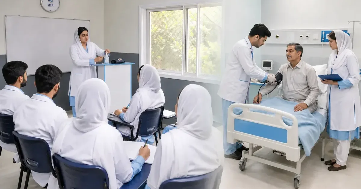 EIRA CNA students practicing bedside care under instructor supervision